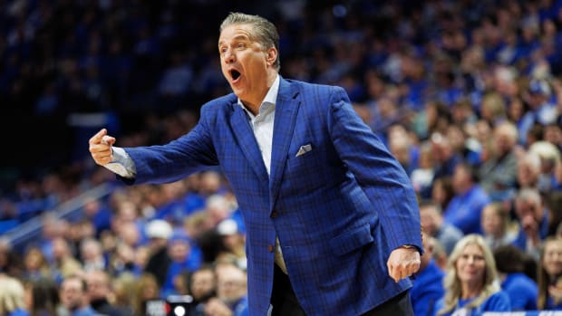 Dec 29, 2023; Lexington, Kentucky, USA; Kentucky Wildcats head coach John Calipari reacts during the second half against the Illinois State Redbirds at Rupp Arena at Central Bank Center. Mandatory Credit: Jordan Prather-USA TODAY Sports